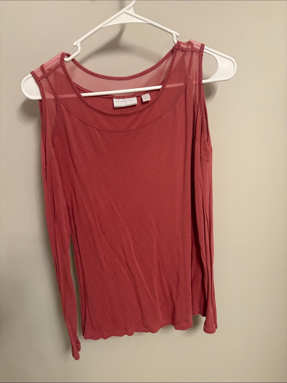 New York & Company Long Sleeve Mesh-Trim Exposed Shoulder Top - Rose Pink